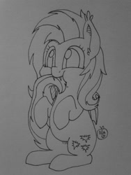 Size: 960x1280 | Tagged: safe, artist:notenoughapples, fluttershy, bat pony, pony, black and white, chewing, cute, flutterbat, grayscale, lineart, monochrome, nom, shyabetes, solo, traditional art