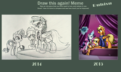 Size: 2200x1304 | Tagged: safe, artist:ruhisu, applejack, rarity, scootaloo, oc, oc:brave wing, earth pony, pony, unicorn, blank flank, boutique, bravewing, cap, clothes, cowboy hat, draw this again, female, filly, gala, group, hat, male, mare, measuring tape, meme, officer, smiling, stallion, standing, uniform