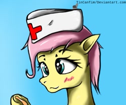 Size: 451x376 | Tagged: safe, artist:tincantim, fluttershy, pegasus, pony, bandage, blushing, nurse, nurse outfit, solo