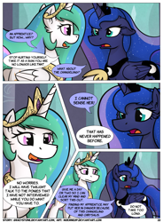 Size: 1400x1900 | Tagged: safe, artist:moemneop, princess celestia, princess luna, alicorn, pony, comic:shifting changelings lies and truths, comic