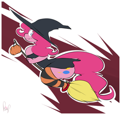 Size: 1280x1214 | Tagged: safe, artist:sanders, pinkie pie, anthro, breasts, broom, cleavage, clothes, costume, female, flying, flying broomstick, halloween, hat, looking at you, looking back, nightmare night costume, pumpkin, solo, witch, witch hat
