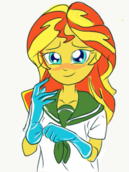 Size: 483x644 | Tagged: safe, artist:drunken bubblez, derpibooru exclusive, sunset shimmer, equestria girls, blushing, clothes, colored, female, gloves, school uniform, smiling