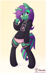 Size: 935x1497 | Tagged: safe, artist:hoodie, oc, oc only, oc:buggy code, pony, semi-anthro, unicorn, arm hooves, bipedal, clothes, cute, female, glasses, hoodie, mare, miniskirt, ocbetes, pleated skirt, skirt, socks, solo, thigh highs, zettai ryouiki