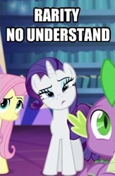 Size: 221x339 | Tagged: safe, screencap, fluttershy, rarity, spike, dragon, pegasus, pony, unicorn, image macro, meme