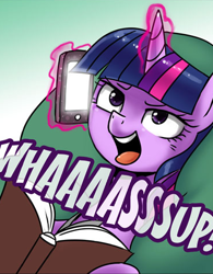 Size: 369x474 | Tagged: safe, artist:johnjoseco, derpibooru import, twilight sparkle, twilight sparkle (alicorn), alicorn, pony, budweiser, cropped, female, kallisti, magic, mare, scene parody, smiling, solo, tongue out, wassup