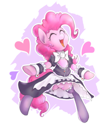 Size: 1280x1451 | Tagged: safe, artist:mlpanon, pinkie pie, earth pony, pony, bow, bowtie, clothes, dress, eyes closed, female, maid, mare, open mouth, simple background, solo, white background