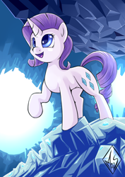 Size: 1240x1748 | Tagged: safe, artist:sea-maas, rarity, pony, unicorn, caves, female, happy, mare, raised hoof, smiling, solo