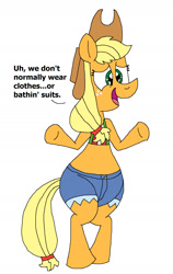 Size: 1141x1809 | Tagged: safe, artist:hunterxcolleen, applejack, earth pony, pony, bikini top, bipedal, clothes, embarrassed, shorts, smiling, swimsuit, talking, we don't normally wear clothes