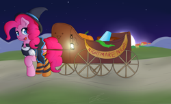 Size: 2338x1423 | Tagged: safe, artist:fluttair, pinkie pie, earth pony, pony, clothes, moon, nightmare night, party cannon, socks, solo, striped socks, witch