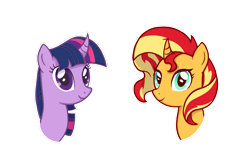 Size: 1229x806 | Tagged: safe, artist:zharkaer, sunset shimmer, twilight sparkle, twilight sparkle (alicorn), alicorn, pony, unicorn, bust, curved horn, duo, female, horn, mare, portrait, simple background, transparent background