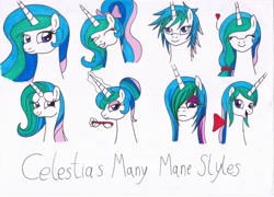 Size: 3482x2506 | Tagged: safe, artist:killerteddybear94, princess celestia, alicorn, pony, alternate hairstyle, bow, cute, cutelestia, emo, eyes closed, glasses, hair bow, hair bun, hair over one eye, heart, lidded eyes, looking at you, looking down, magic, messy mane, open mouth, ponytail, sad, short hair, smiling, solo, traditional art