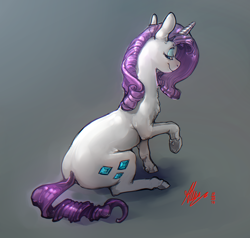 Size: 2440x2320 | Tagged: safe, artist:alumx, rarity, pony, unicorn, colored hooves, eyeshadow, female, gray background, high res, lidded eyes, looking back, makeup, mare, raised hoof, realistic horse legs, rear view, simple background, sitting, smiling, solo