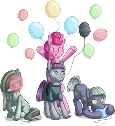 Size: 3503x3842 | Tagged: safe, artist:itresad, limestone pie, marble pie, maud pie, pinkie pie, earth pony, pony, hearthbreakers, balloon, biting, eyes closed, group, hair over one eye, open mouth, pie sisters, request, requested art, siblings, simple background, sisters, transparent background