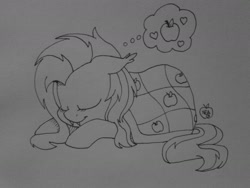 Size: 1280x960 | Tagged: safe, artist:notenoughapples, fluttershy, bat pony, pony, apple, blanket, cute, dream, eyes closed, fangs, floppy ears, flutterbat, heart, monochrome, prone, sleeping, smiling, solo, thought bubble, traditional art