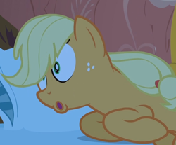 Size: 690x572 | Tagged: safe, screencap, applejack, earth pony, pony, look before you sleep, bed, cropped, female, mare, out of context, silly, silly pony, solo, wat