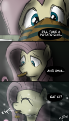 Size: 463x810 | Tagged: safe, artist:nayolfa, fluttershy, pegasus, pony, chips, comic, death note, my little art challenge, solo