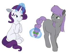 Size: 2246x1694 | Tagged: safe, artist:rue-willings, maud pie, rarity, earth pony, pony, unicorn, braided tail, female, lesbian, magic, mare, missing cutie mark, rarimaud, shipping, simple background, white background
