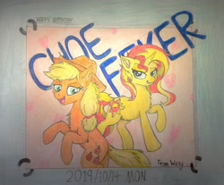 Size: 2052x1696 | Tagged: safe, artist:wusy, applejack, sunset shimmer, earth pony, pony, unicorn, birthday, text, traditional art