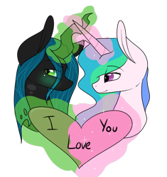 Size: 1357x1446 | Tagged: safe, artist:cyrinthia, princess celestia, queen chrysalis, alicorn, changeling, changeling queen, pony, blushing, bust, chryslestia, female, heart, lesbian, magic, portrait, shipping