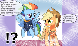 Size: 1280x764 | Tagged: safe, artist:ryuu, derpibooru import, applejack, rainbow dash, earth pony, pegasus, pony, the last problem, dialogue, granny smith's scarf, implied appledash, implied lesbian, implied shipping, older, older applejack, older rainbow dash, scene interpretation