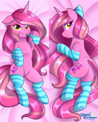 Size: 2832x3501 | Tagged: safe, artist:xwhitedreamsx, oc, oc only, oc:candy heart, pony, unicorn, bedroom eyes, body pillow, body pillow design, butt, clothes, commission, female, high res, mare, plot, smiling, socks, solo, stockings, striped socks, thigh highs