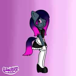 Size: 800x800 | Tagged: safe, artist:djwolf, oc, oc:sparkbat, anthro, bat pony, clothes, cute, dress, gloves, hand behind back, high heels, maid, moe, ocbetes, one eye closed, shoes, skirt, socks, solo, stockings, thigh highs, wink