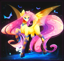 Size: 2022x1922 | Tagged: safe, artist:koveliana, angel bunny, fluttershy, bat pony, pony, chromatic aberration, clothes, color porn, flutterbat, socks, striped socks