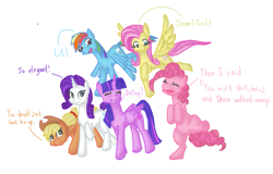 Size: 1121x717 | Tagged: safe, artist:chopchopguy, derpibooru import, applejack, fluttershy, pinkie pie, rainbow dash, rarity, twilight sparkle, twilight sparkle (alicorn), alicorn, earth pony, pegasus, pony, unicorn, dialogue, engrish, gang, mane six, vulgar