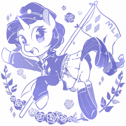 Size: 1600x1600 | Tagged: safe, artist:freesia, rarity, pony, unicorn, clothes, dress, female, flag, hat, mare, monochrome, simple background, solo, starry eyes, white background, wingding eyes