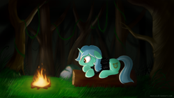 Size: 1920x1080 | Tagged: safe, artist:wolfypon, derpibooru import, lyra heartstrings, pony, unicorn, fanfic:background pony, campfire, clothes, female, fire, floppy ears, hoodie, log, lying down, mare, night, shirt, solo, wallpaper