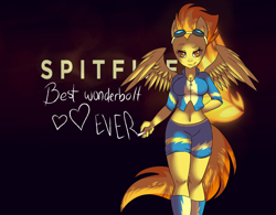 Size: 1024x798 | Tagged: safe, artist:a-purple-pony, derpibooru import, spitfire, anthro, ambiguous facial structure, belly button, cleavage, female, midriff, solo, wallpaper, wonderbolts, wonderbolts uniform