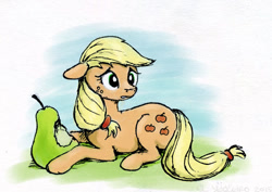 Size: 640x453 | Tagged: safe, artist:el-yeguero, applejack, earth pony, pony, floppy ears, frown, fruit heresy, hatless, hilarious in hindsight, looking back, missing accessory, out of character, pear, prone, solo, wide eyes