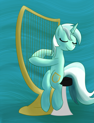 Size: 767x1000 | Tagged: safe, artist:whatsapokemon, lyra heartstrings, abstract background, eyes closed, harp, musical instrument, sitting, smiling, solo, stool