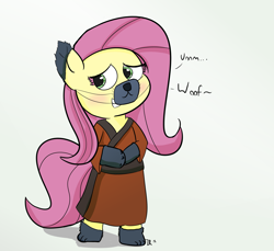 Size: 3007x2760 | Tagged: safe, artist:davierocket, fluttershy, anthro, blushing, clothes, costume, dog ears, mask, nightmare night costume, simple background, solo