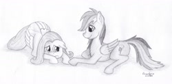 Size: 6336x3116 | Tagged: safe, artist:peruserofpieces, derpibooru import, fluttershy, rainbow dash, pegasus, pony, caring, female, friendship, hoof hold, scared, traditional art