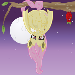 Size: 10800x10800 | Tagged: safe, artist:xniclord789x, fluttershy, bat pony, fruit bat, pony, absurd resolution, belly, belly button, featureless crotch, flutterbat, moon, pregnant, solo, upside down