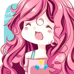 Size: 500x500 | Tagged: safe, artist:leab-lb, pinkie pie, human, blushing, bust, clothes, cute, diapinkes, eyes closed, female, humanized, off shoulder, open mouth, pixiv, solo