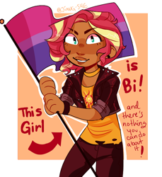 Size: 550x600 | Tagged: safe, artist:jiang-she, sunset shimmer, human, alternate hairstyle, bisexual pride flag, bisexuality, bracelet, choker, clothes, dark skin, ear piercing, earring, female, humanized, jacket, jeans, jewelry, leather jacket, looking at you, meme, pants, piercing, pride flag, signature, solo, this cat is gay and there's nothing you can do about it, torn clothes, wristband
