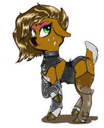 Size: 824x1016 | Tagged: safe, artist:ara, oc, oc:earthy mellow, deer, pony, choker, clothes, corset, eyeshadow, female, lipstick, makeup, panties, quadrupedal, raised hoof, solo, stockings, thigh highs, underwear