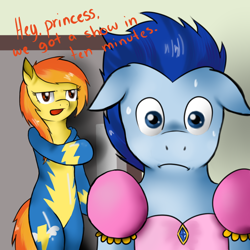 Size: 800x800 | Tagged: safe, artist:spittfireart, derpibooru import, soarin', spitfire, pony, semi-anthro, bipedal, caught, clothes, crossdressing, dress, floppy ears, princess soarin, unamused, wonderbolts uniform