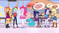 Size: 1362x768 | Tagged: safe, artist:starman1999, derpibooru import, edit, edited screencap, screencap, applejack, fluttershy, pinkie pie, rainbow dash, rarity, sci-twi, sunset shimmer, twilight sparkle, better together, equestria girls, book, camera, clothes, converse, jersey, long dress, shadow spade, shoes