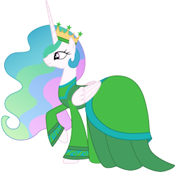 Size: 1017x1001 | Tagged: safe, artist:cloudyglow, princess celestia, pony, beauty and the beast, clothes, clothes swap, cosplay, costume, crossover, crown, disney, dress, enchantress, female, green, jewelry, mare, raised hoof, regalia, simple background, smiling, solo, transparent background, vector