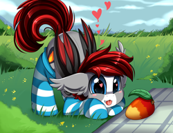 Size: 2430x1876 | Tagged: safe, artist:pridark, oc, oc only, oc:jaiden, bat pony, bat pony oc, clothes, commission, cute, female, food, fruit, heart eyes, mango, ocbetes, smiling, socks, stockings, striped socks, thigh highs, wingding eyes