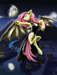 Size: 768x1024 | Tagged: safe, artist:a8702131, fluttershy, bat pony, pony, scare master, black dress, clothes, dress, flutterbat, flying, moon, night, solo