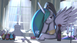 Size: 1920x1080 | Tagged: safe, anonymous artist, princess celestia, alicorn, pony, 3d, alcohol, candle, cup, cupcake, flower, food, hat, indoors, looking at you, rose, solo, source filmmaker, tea, teacup, teapot, window, wine