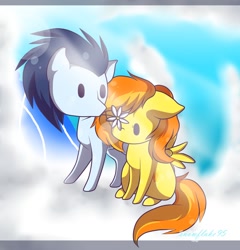 Size: 876x912 | Tagged: safe, artist:snowflake95, derpibooru import, soarin', spitfire, cloud, cloudy, female, flower, love, male, shipping, soarinfire, straight