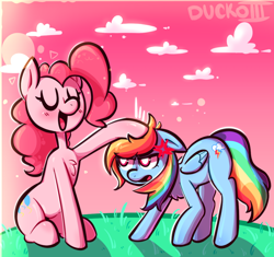 Size: 1044x980 | Tagged: safe, artist:duckoiii, derpibooru import, pinkie pie, rainbow dash, earth pony, pegasus, pony, annoyed, blushing, chest fluff, cross-popping veins, duo, eyes closed, female, floppy ears, mare, no tail, open mouth, petting