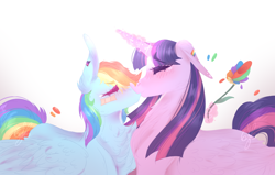 Size: 4000x2544 | Tagged: safe, artist:6-fingers-lover, derpibooru import, rainbow dash, twilight sparkle, twilight sparkle (alicorn), alicorn, pegasus, pony, bandaid, cheek fluff, chest fluff, ear fluff, female, floppy ears, flower, kissing, lesbian, magic, shipping, twidash