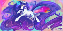 Size: 3464x1732 | Tagged: safe, artist:wilvarin-liadon, rarity, pony, unicorn, abstract background, color porn, female, long mane, long tail, magic, mare, smiling, solo