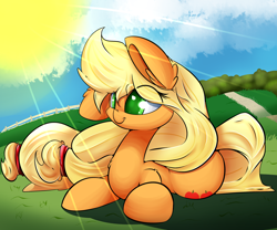 Size: 2400x2000 | Tagged: safe, artist:madacon, applejack, earth pony, pony, crepuscular rays, cute, fence, fluffy, forest, grass, hatless, jackabetes, missing accessory, path, prone, road, scenery, smiling, solo, sun